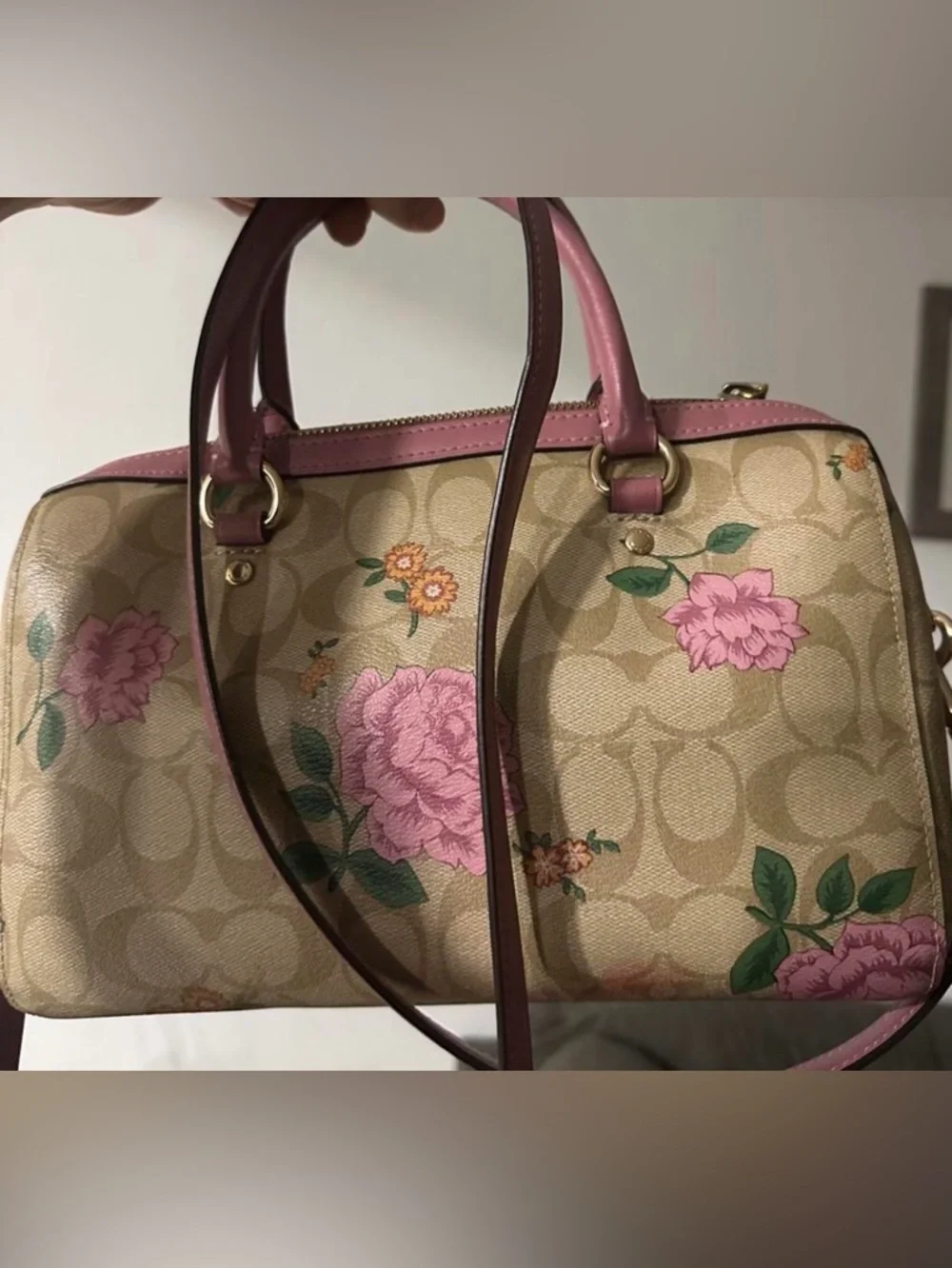 COACH Pink Floral Signature Canvas Satchel with Rose Trim - Picture 3 of 8